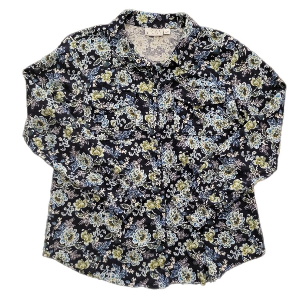 Joan Rivers Classic Collection Blue Floral Flannel Shirt Size S